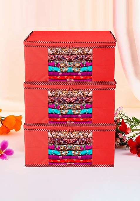 Red And Transparent 3 Pieces Printed Saree Cover With Zip