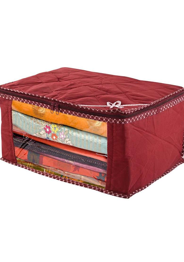 Maroon And White Printed Hathkadi Piping Saree Cover With Zip - Indya