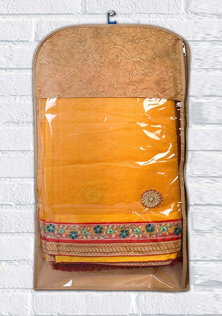 Cream 3 Pieces Printed Hanging Saree Cover For Clothes Storage - Indya