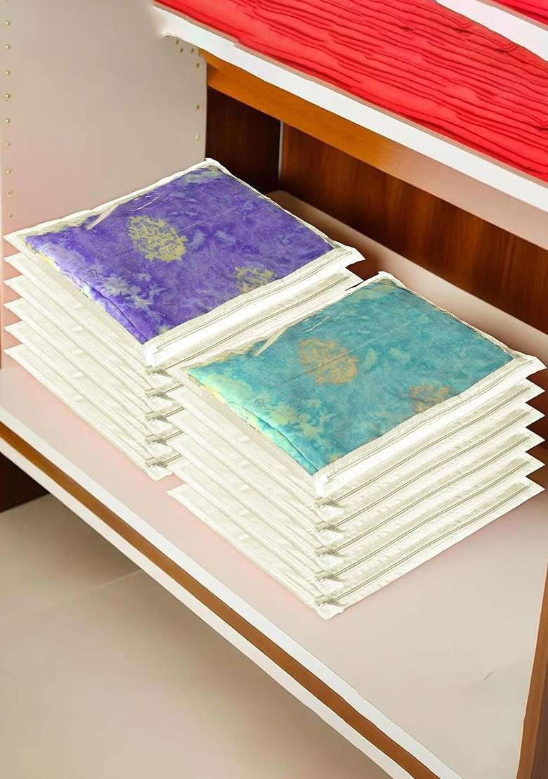 Cream Coloured 12 Pieces Non Woven Saree Cover Organisers - Indya