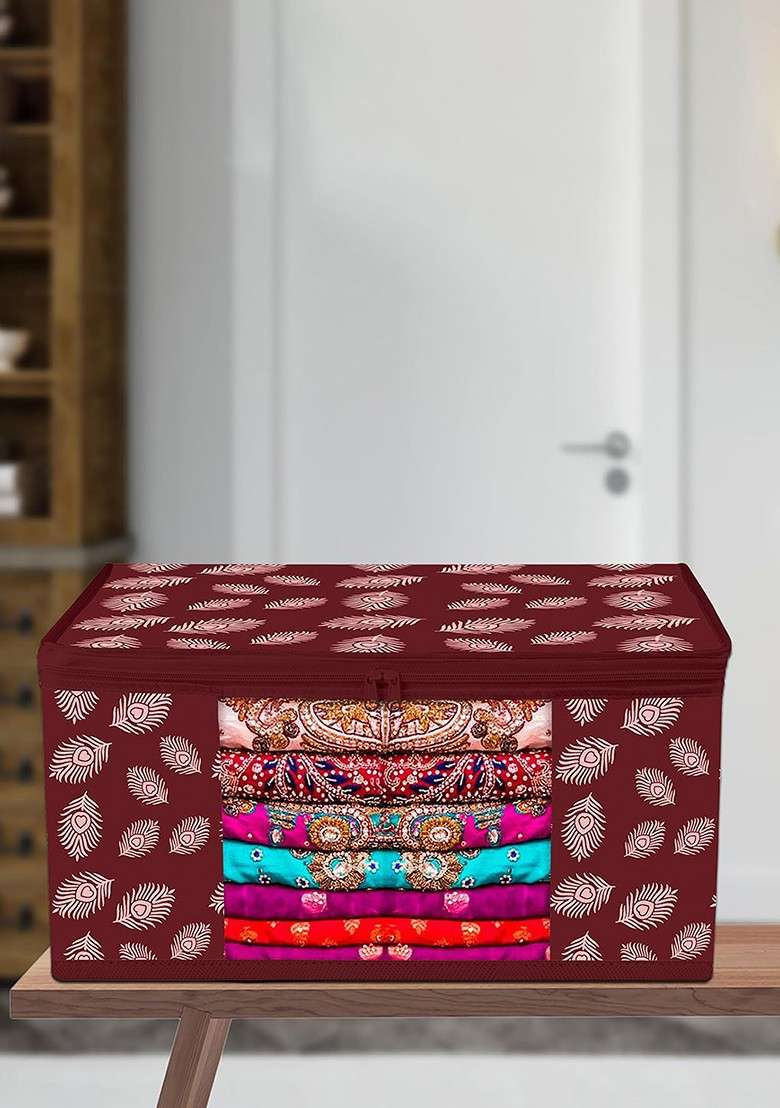 Maroon And White Peacock Feather Printed Saree Cover With Zip - Indya