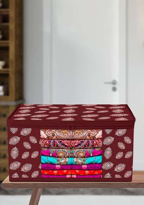 Maroon And White Peacock Feather Printed Saree Cover With Zip