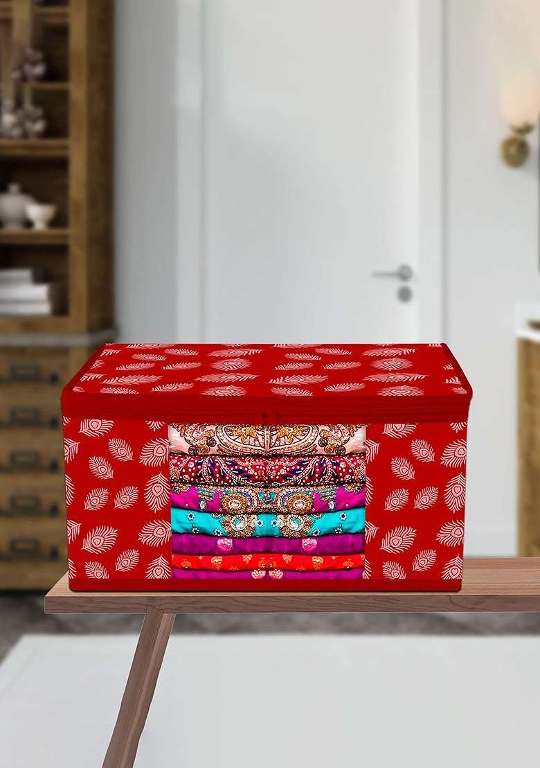 Red And White Peacock Feather Printed Saree Cover With Zip - Indya