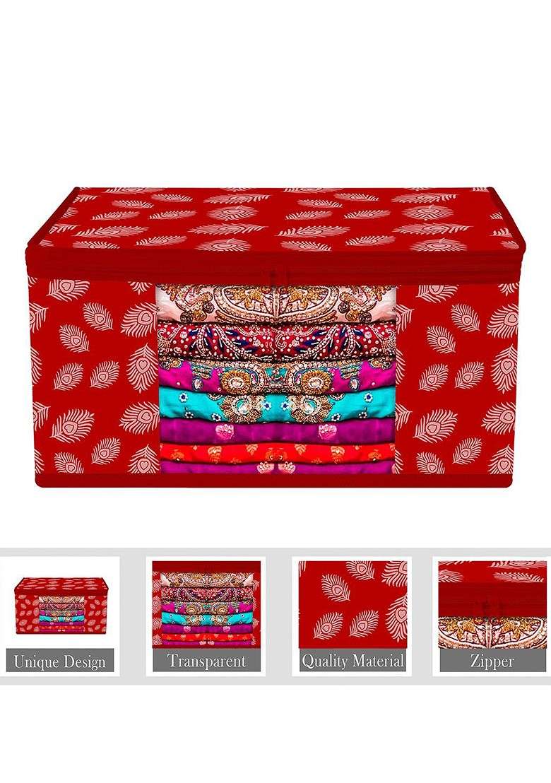 Red And White Peacock Feather Printed Saree Cover With Zip - Indya