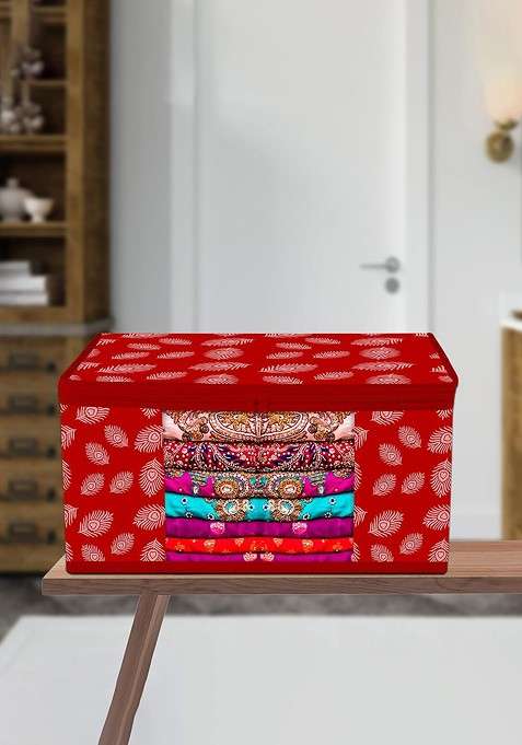 Red And White Peacock Feather Printed Saree Cover With Zip