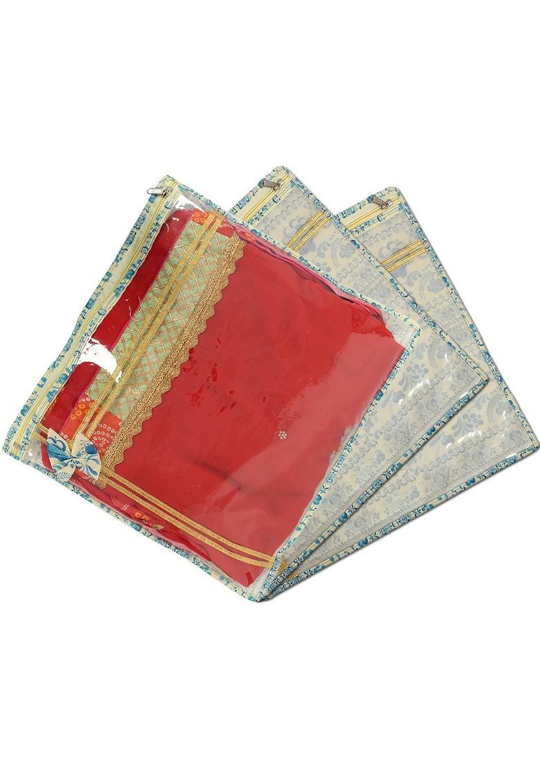 Blue Set Of 3 Single Saree Cover Multi Utility Organisers