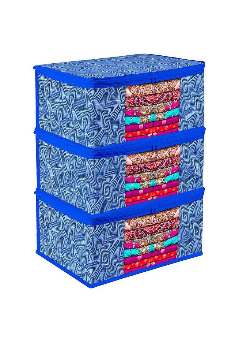 Blue And White 3 Pieces Printed Saree Cover With Zip - Indya