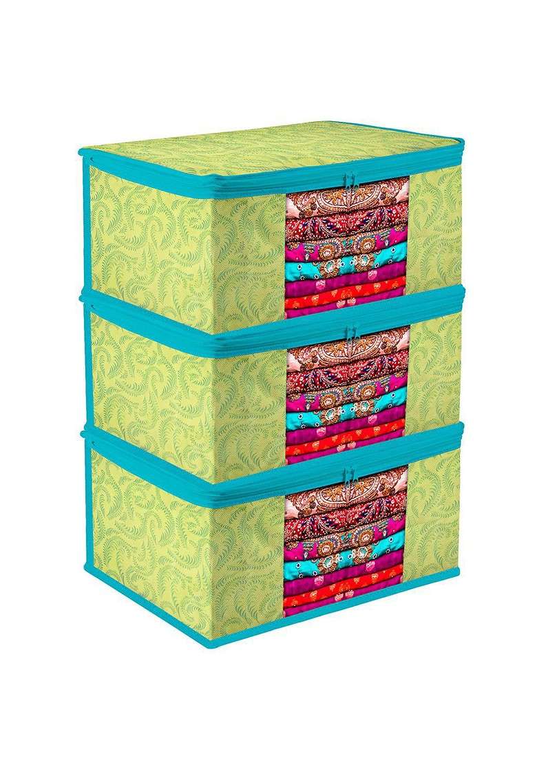Green And Blue 3 Pieces Printed Saree Cover With Zip - Indya