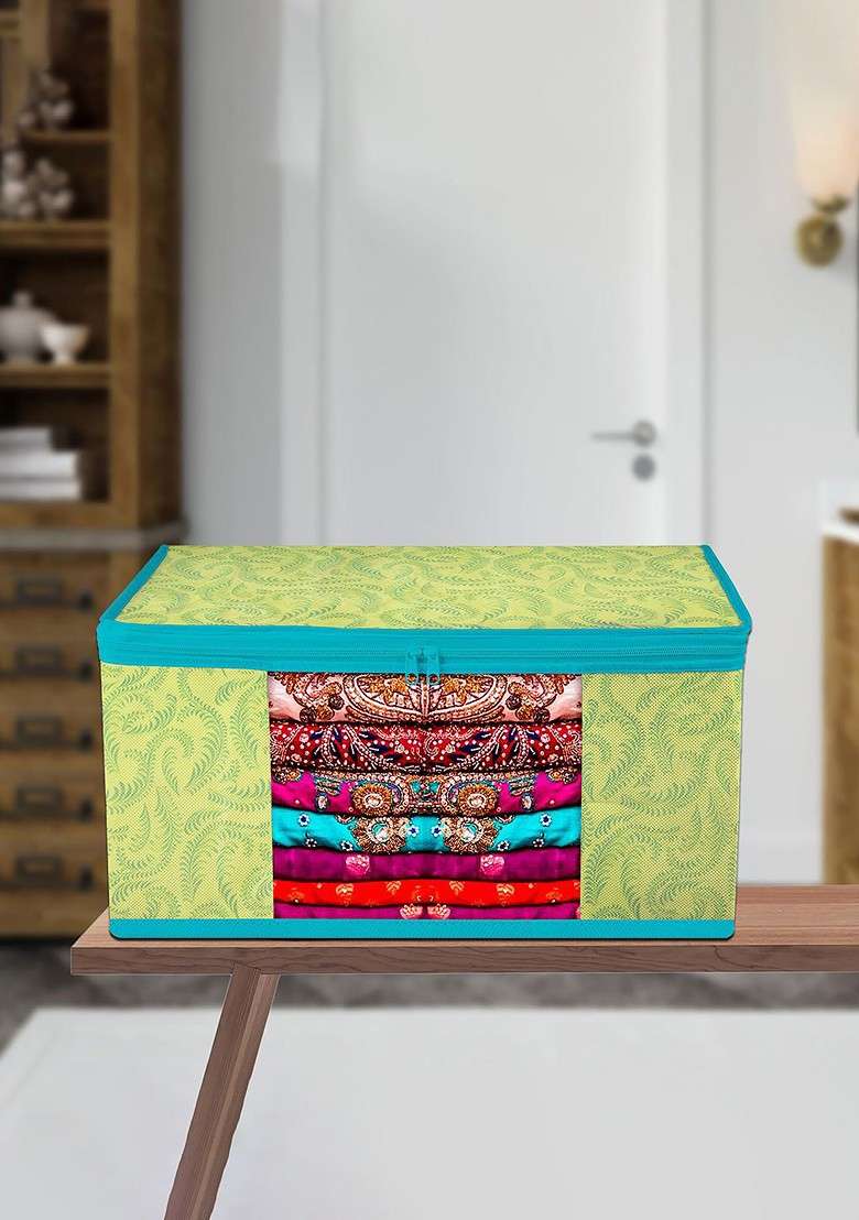 Green And Blue 3 Pieces Printed Saree Cover With Zip - Indya