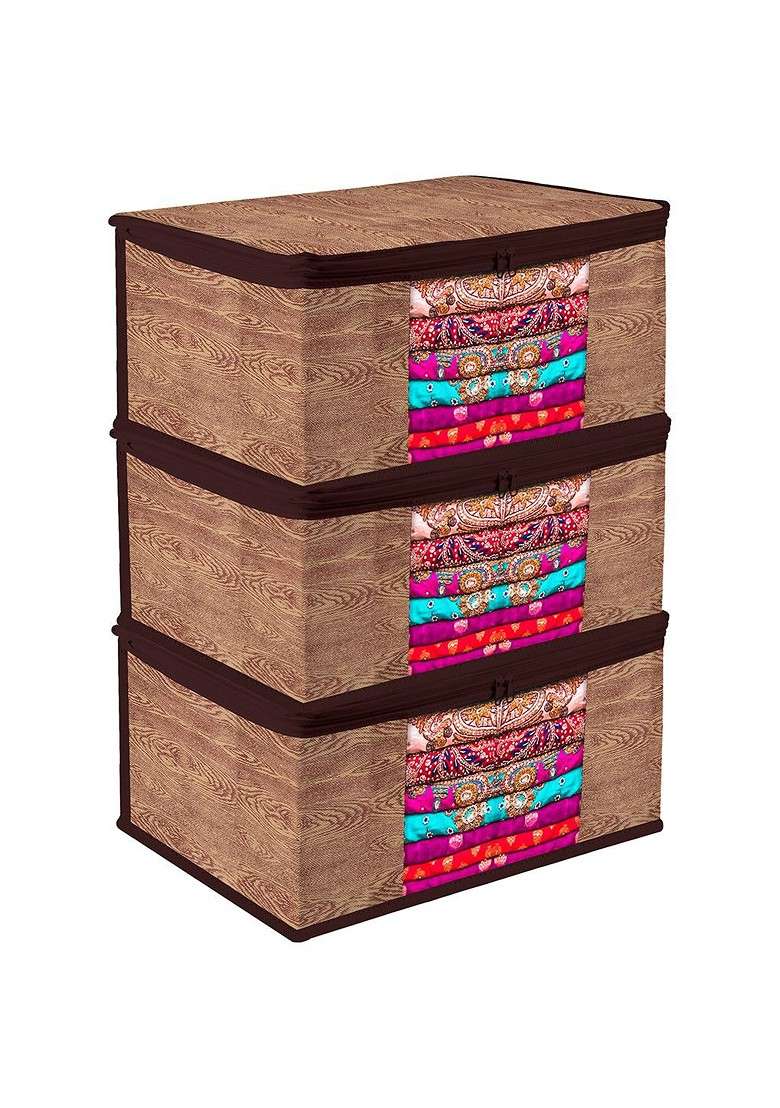 Brown And Black 3 Pieces Printed Saree Cover With Zip - Indya