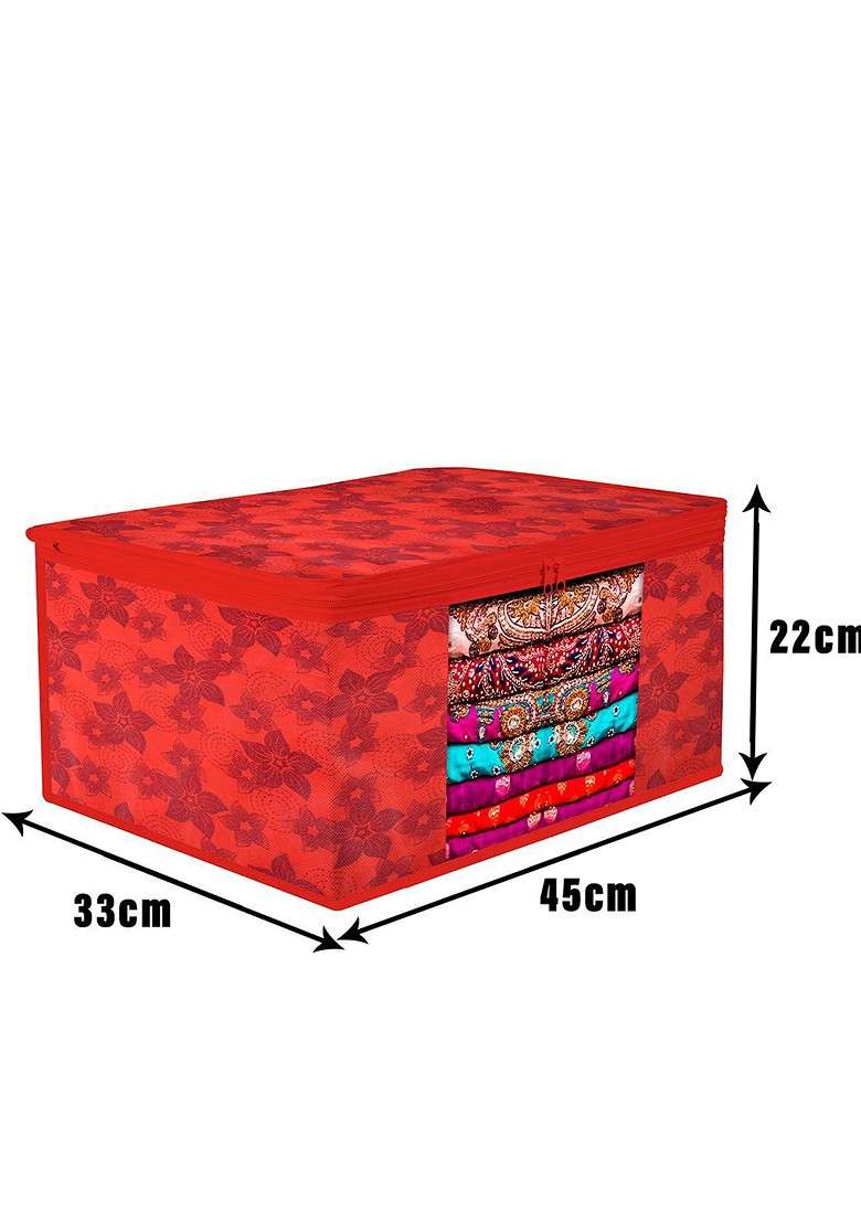 Red And Transparent 3 Pieces Printed Saree Cover With Zip - Indya