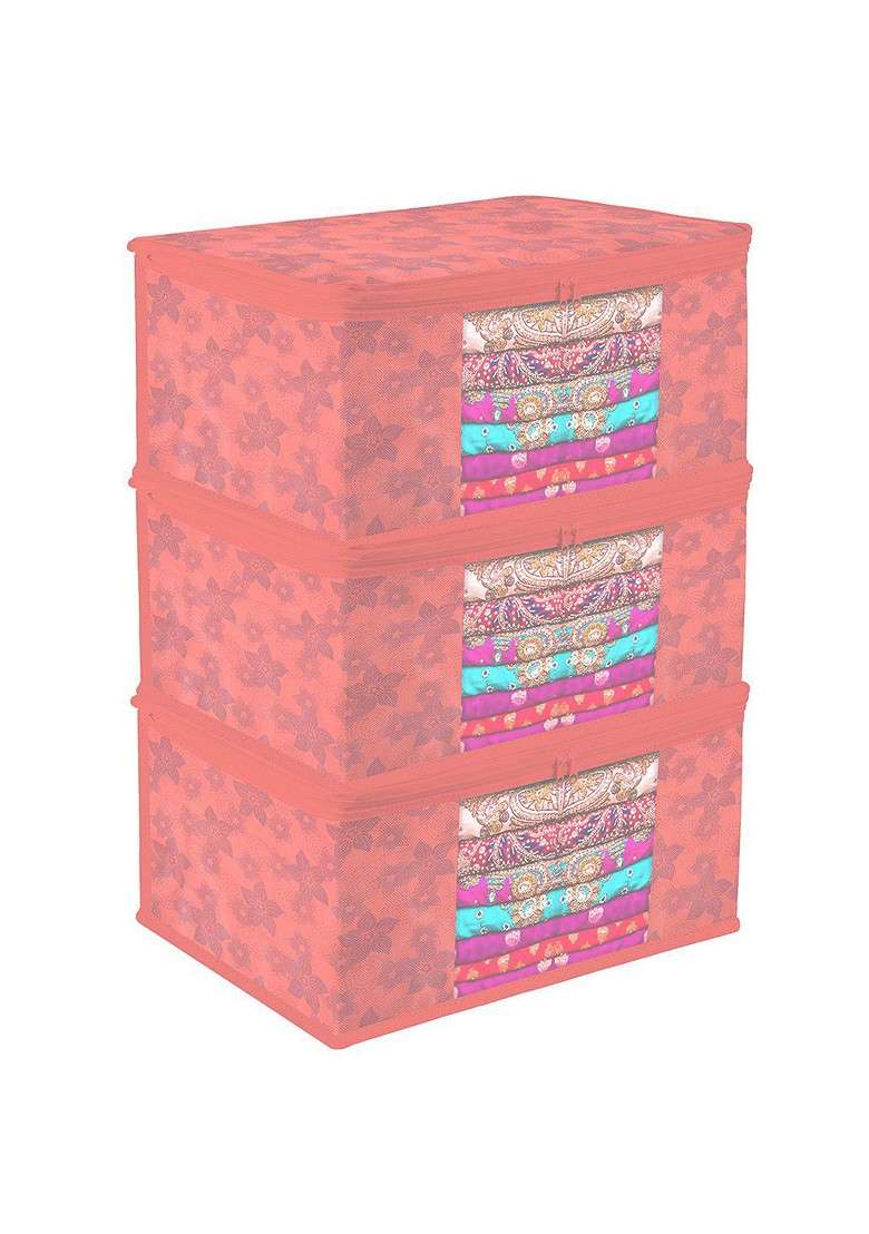 Red And Transparent 3 Pieces Printed Saree Cover With Zip - Indya