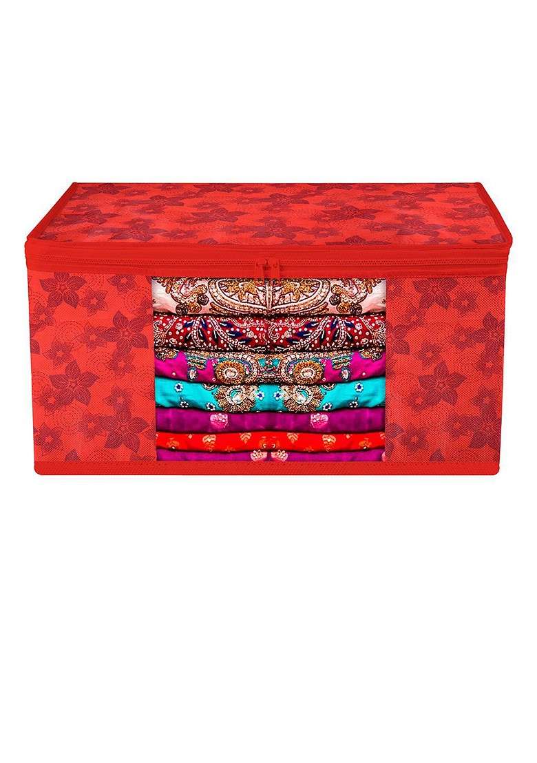 Red And Transparent 3 Pieces Printed Saree Cover With Zip - Indya