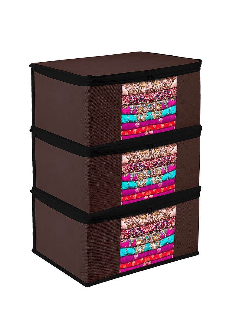 Brown And Black 3 Pieces Saree Cover With Zip - Indya