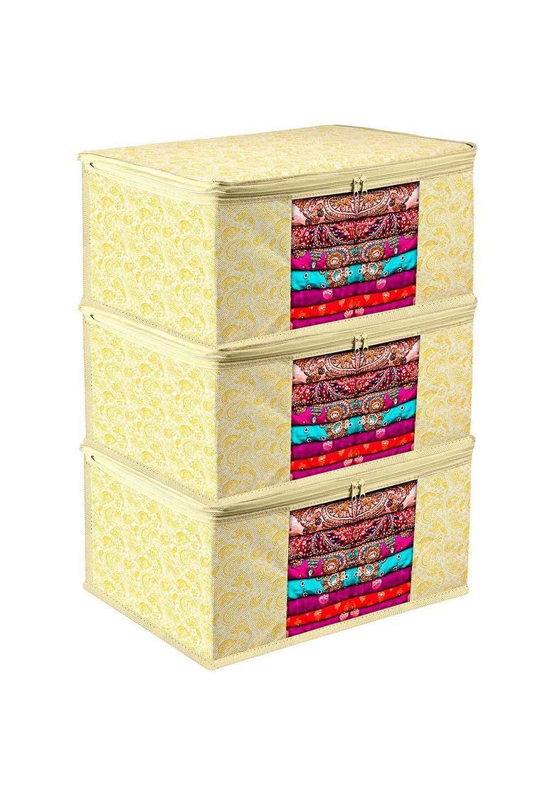 Yellow And White 3 Pieces Printed Regular Saree Cover Organisers - Indya