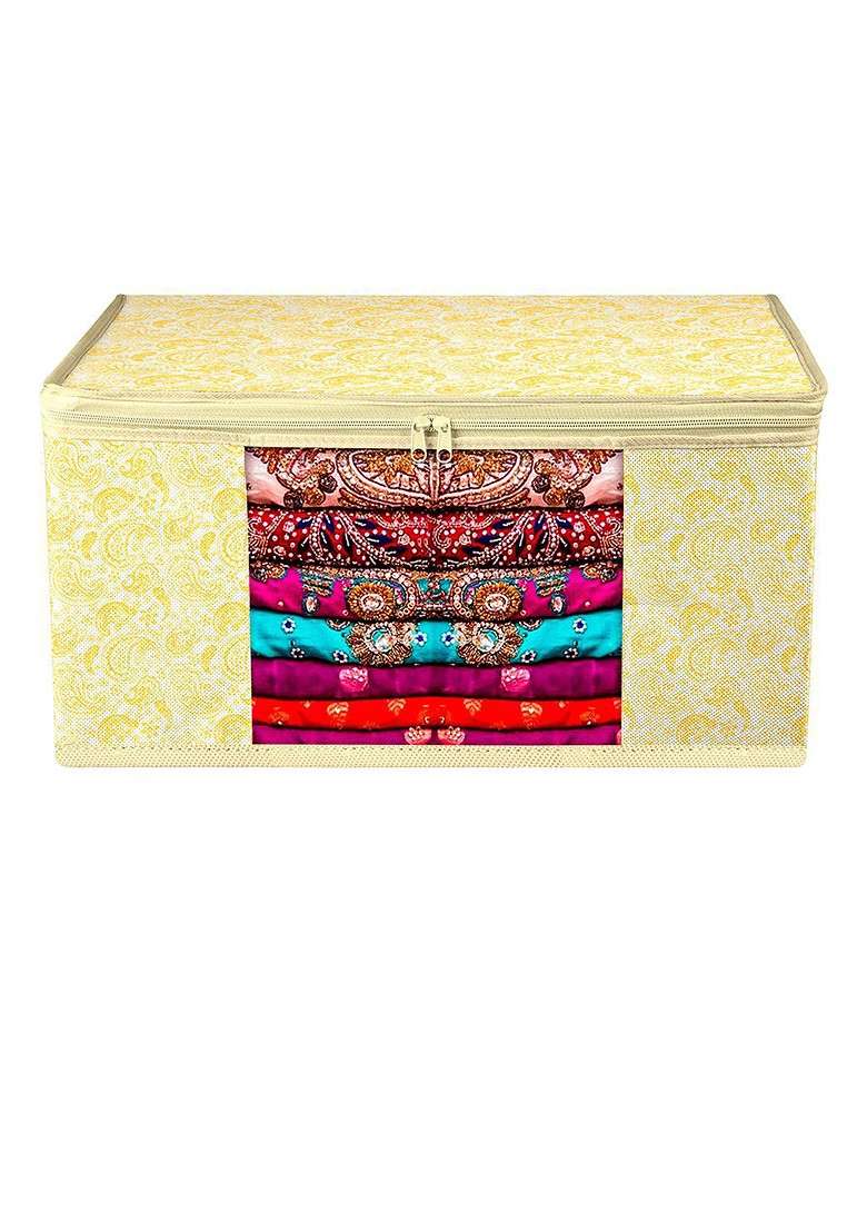 Yellow And White 3 Pieces Printed Regular Saree Cover Organisers - Indya