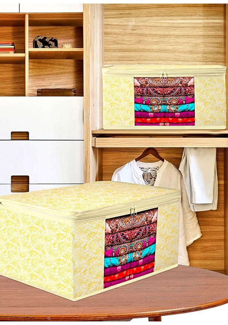 Yellow And White 3 Pieces Printed Regular Saree Cover Organisers