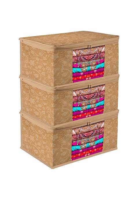 Brown And Transparent 3 Pieces Printed Saree Cover With Zip