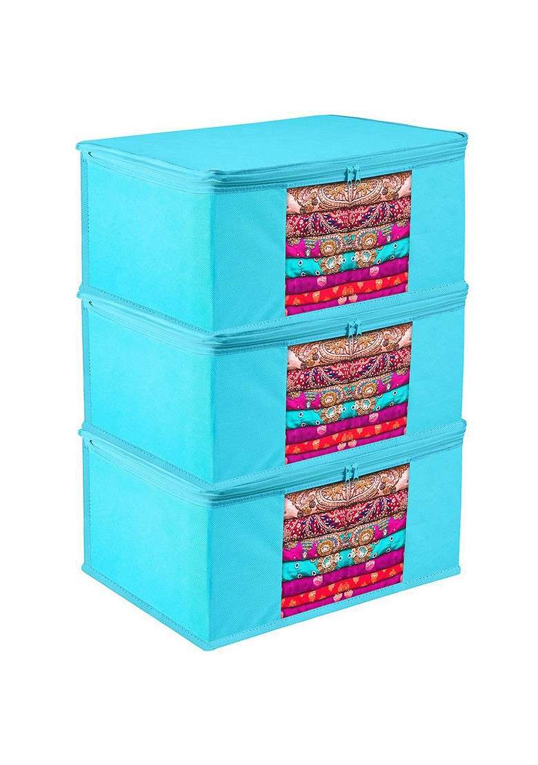 Blue And Transparent 3 Pieces Saree Cover With Zip - Indya
