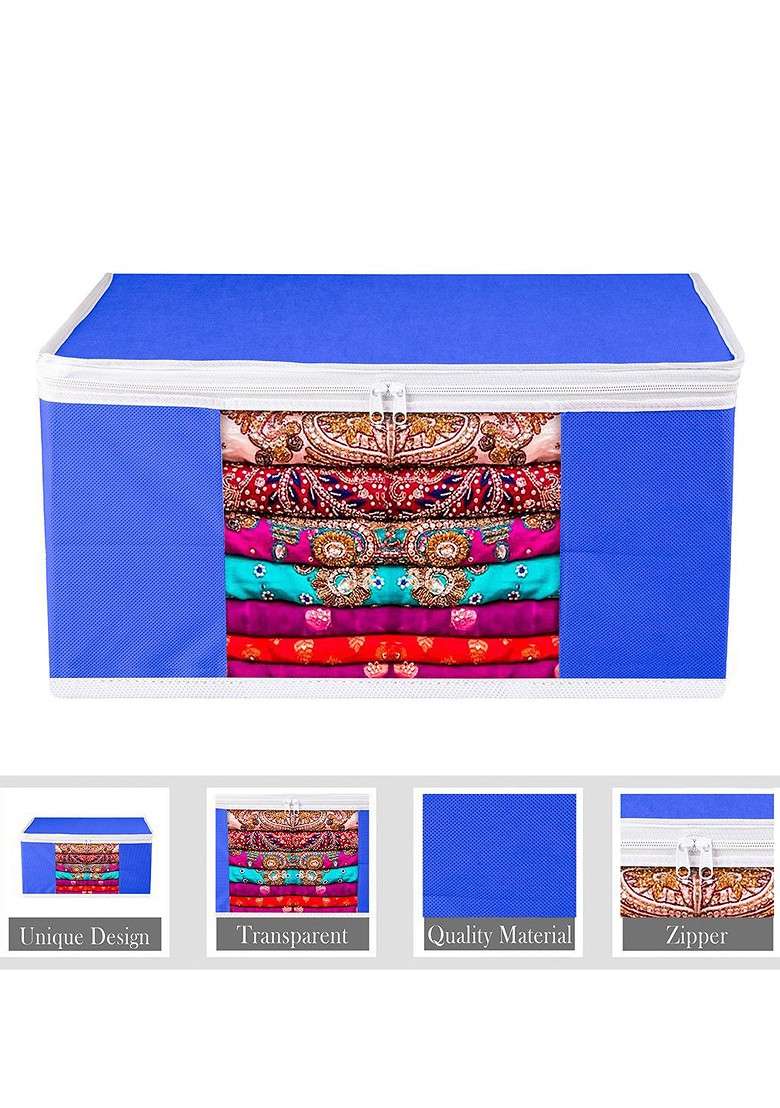 Blue And White 3 Pieces Printed Saree Cover With Zip - Indya
