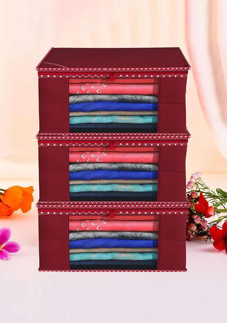 Maroon And White 3 Pieces Printed Saree Cover With Zip - Indya