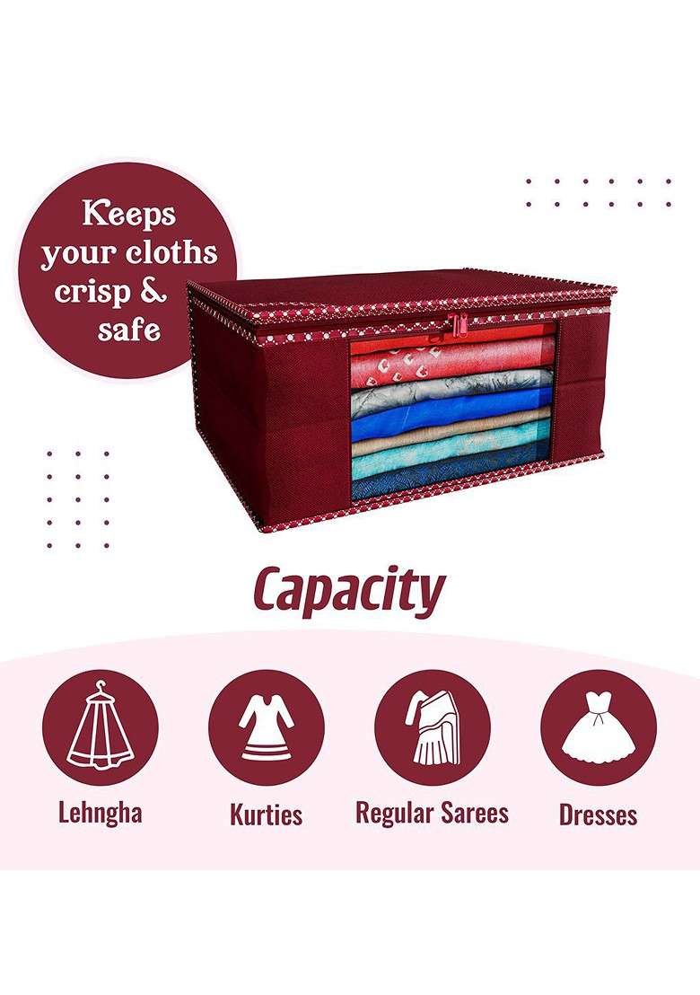 Maroon And White 3 Pieces Printed Saree Cover With Zip - Indya