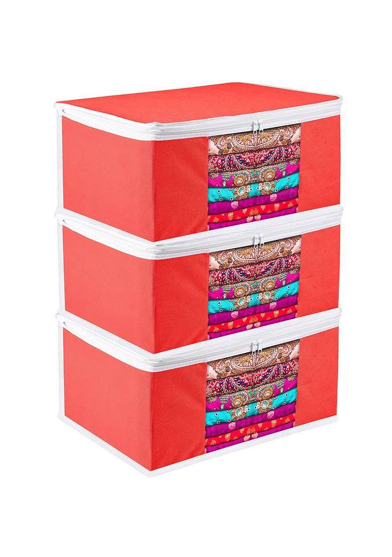 Red And White 3 Pieces Saree Cover With Zip - Indya