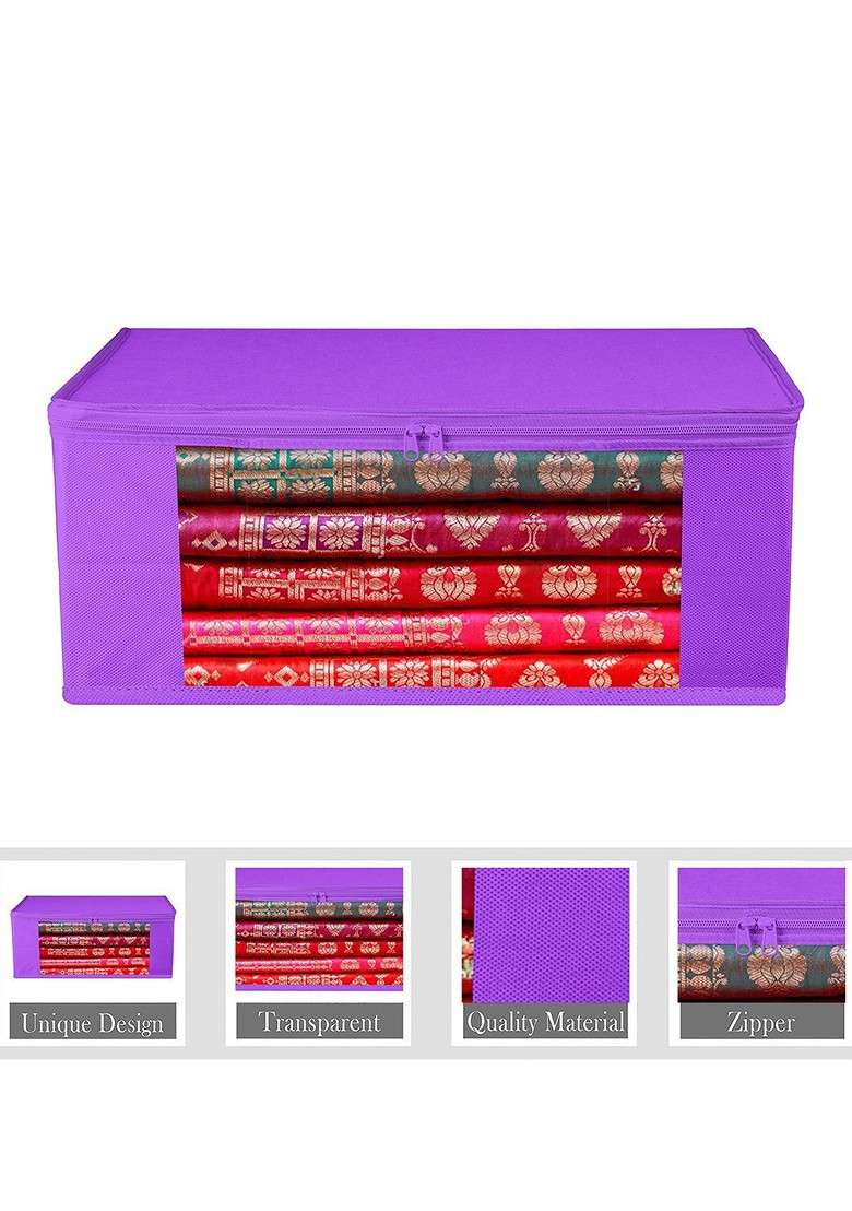 Purple And Transparent 3 Pieces Saree Cover With Zip - Indya