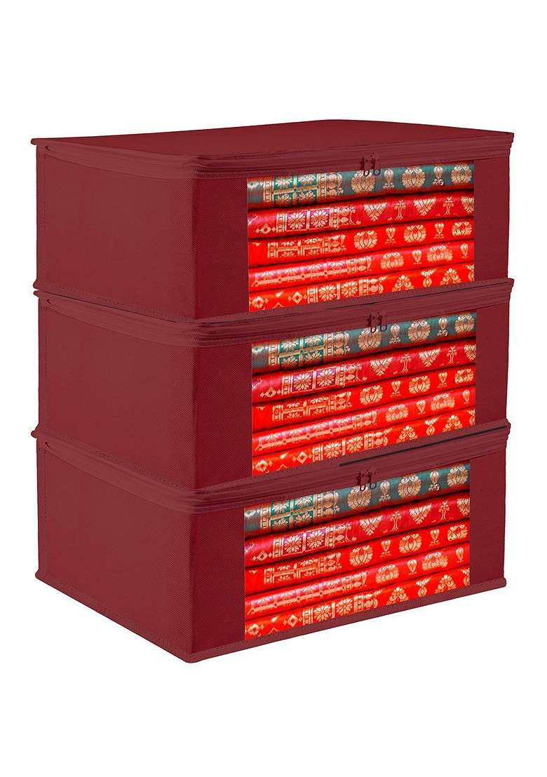 Maroon And Transparent 3 Pieces Regular Saree Cover With Zip - Indya