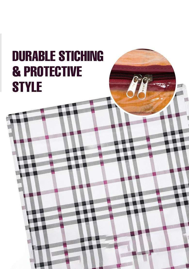 Cream Coloured And Transparent Checked Saree Cover With Zip - Indya