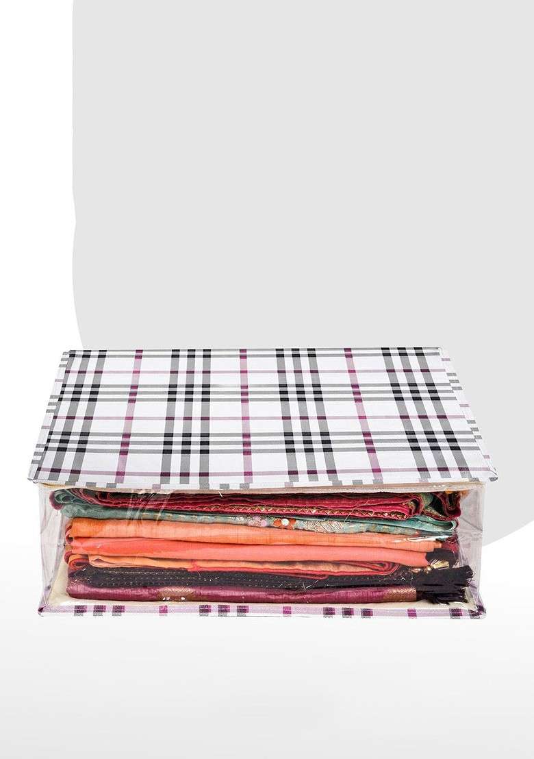 Cream Coloured And Transparent Checked Saree Cover With Zip - Indya