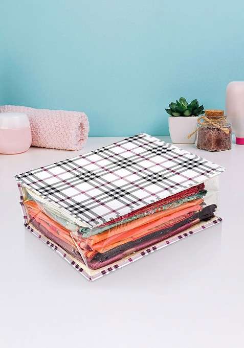 Cream Coloured And Transparent Checked Saree Cover With Zip