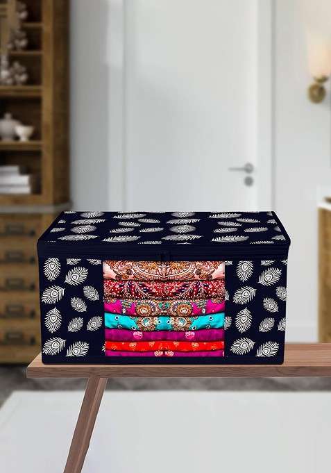 Navy Blue And White Printed Saree Cover With Zip