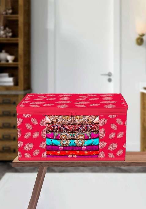 Pink And White Peacock Feather Printed Saree Cover With Zip