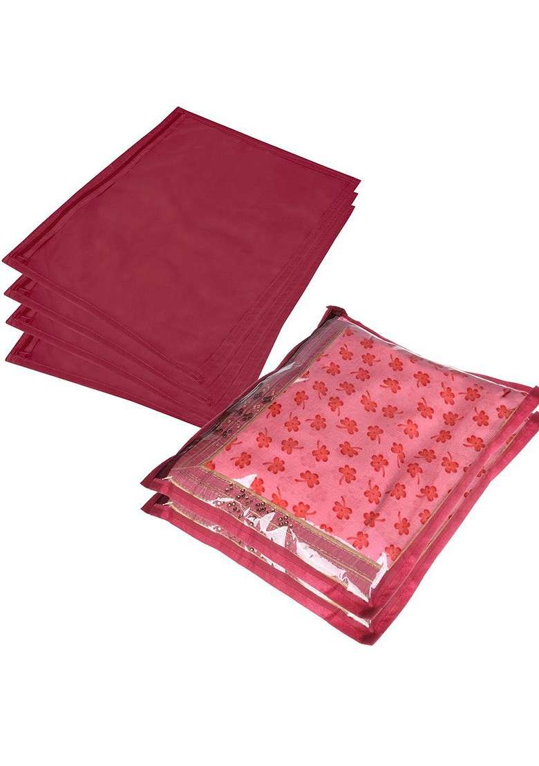 Maroon And Transparent 6 Pieces Saree Cover With Zip - Indya