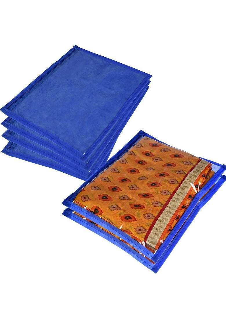 Blue And Transparent 6 Pieces Saree Cover With Zip - Indya