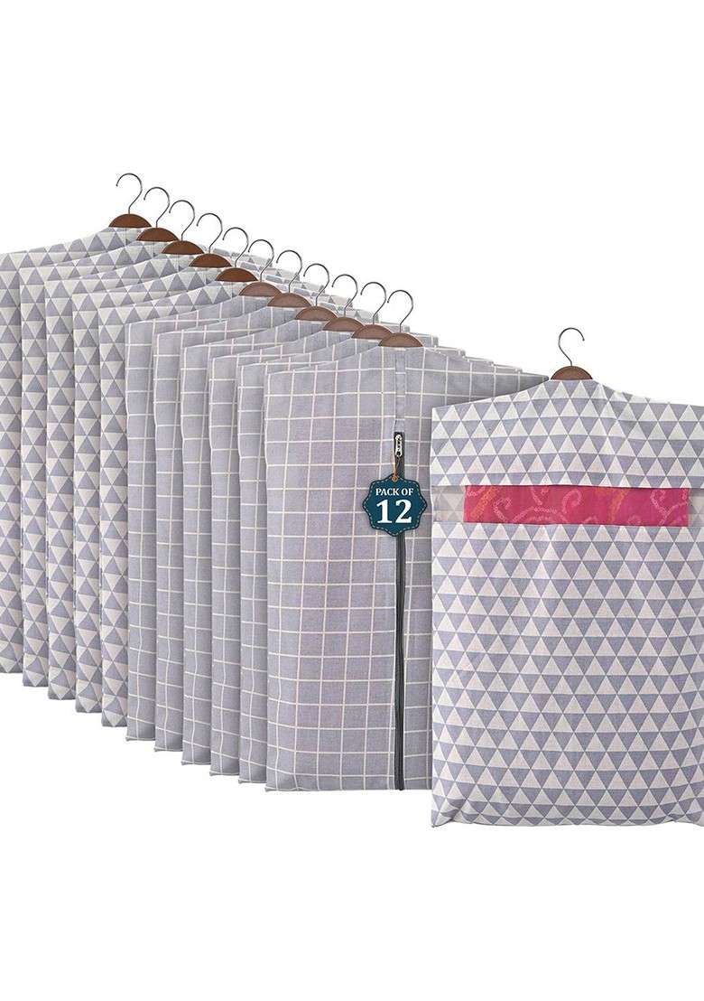Grey Set Of 12 Cotton Multi Utility Saree Cover Organisers - Indya