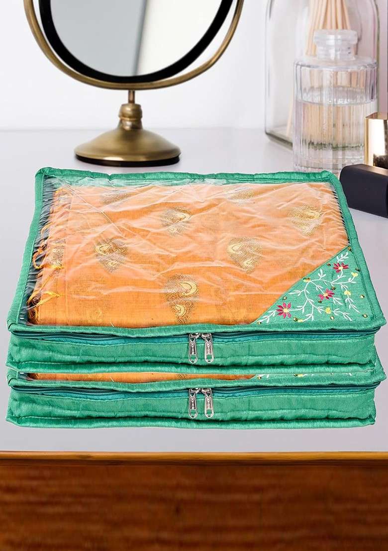 Green 12 Pieces Satin Saree Cover Organisers - Indya