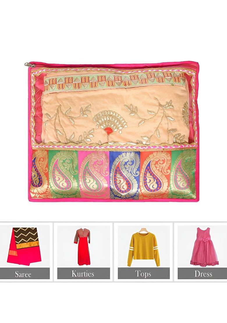 Pink And Gold Toned 9 Pieces Saree Cover Organisers - Indya