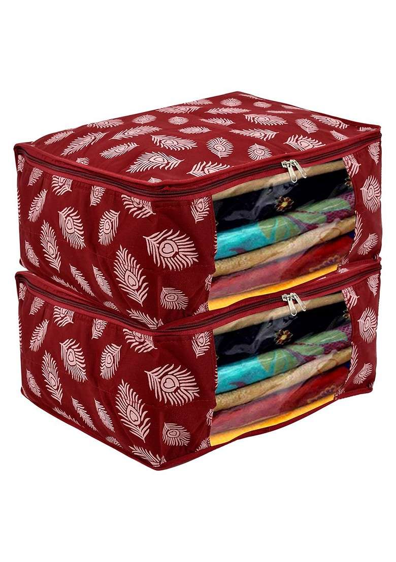 Maroon Pack Of 2 Printed Saree Cover With Transparent Window - Indya