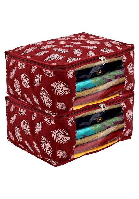 Maroon Pack Of 2 Printed Saree Cover With Transparent Window