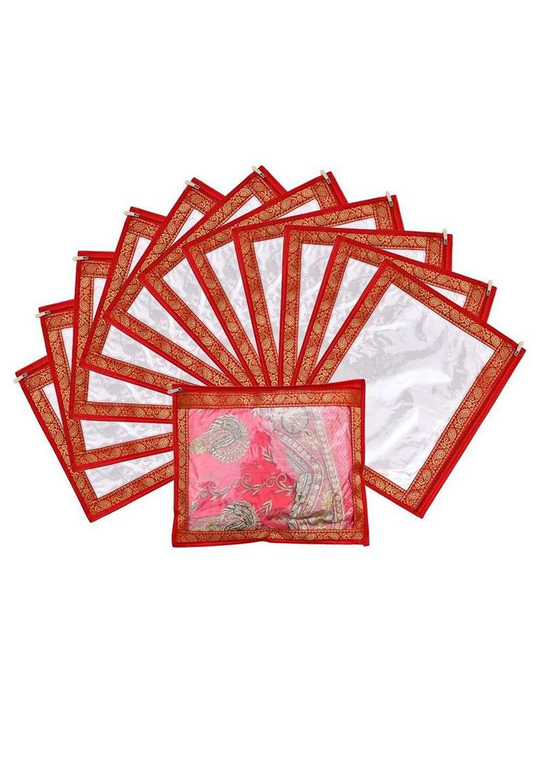 Set Of 12 Red And Transparent Single Packing Saree Cover Organizers - Indya