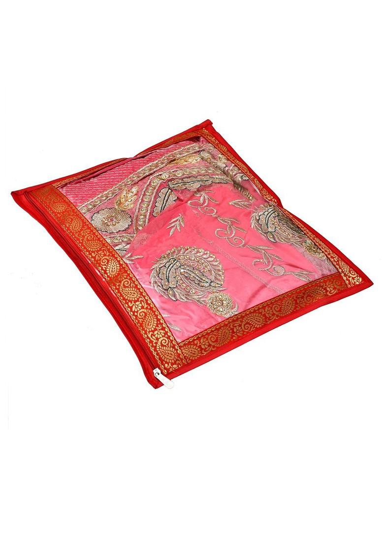 Set Of 12 Red And Transparent Single Packing Saree Cover Organizers