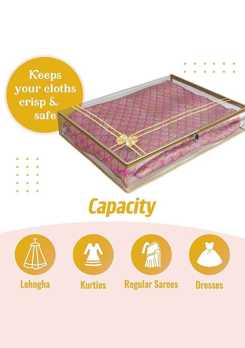 Gold Toned And Transparent 9 Pieces Bow Printed Saree Cover With Zip - Indya