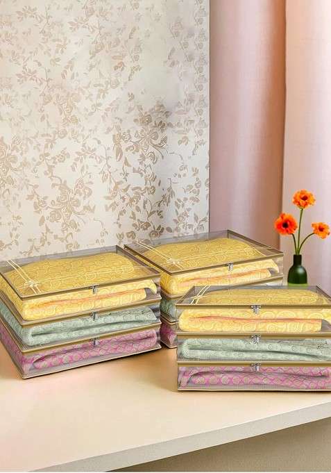 Gold Toned And Transparent 9 Pieces Bow Printed Saree Cover With Zip