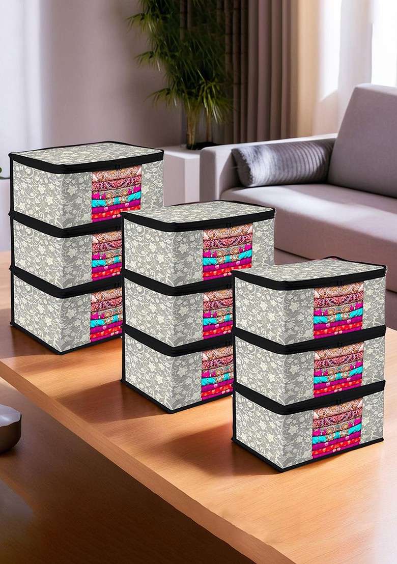 Set Of 9 Transparent Window Saree Cover Zip Closure Storage Bags - Indya