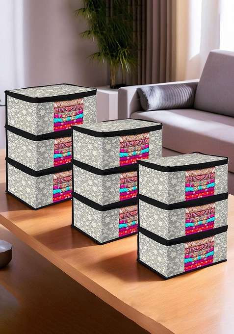 Set Of 9 Transparent Window Saree Cover Zip Closure Storage Bags