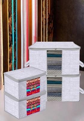 Grey 4 Pcs Printed Saree Cover And Underbed Storage Bag Set Jute Print