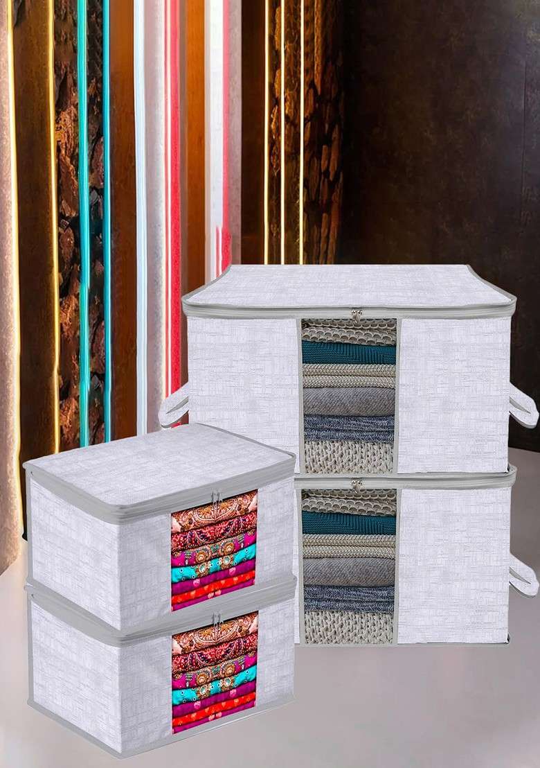 Grey 4 Pcs Printed Saree Cover And Underbed Storage Bag Set Jute Print - Indya