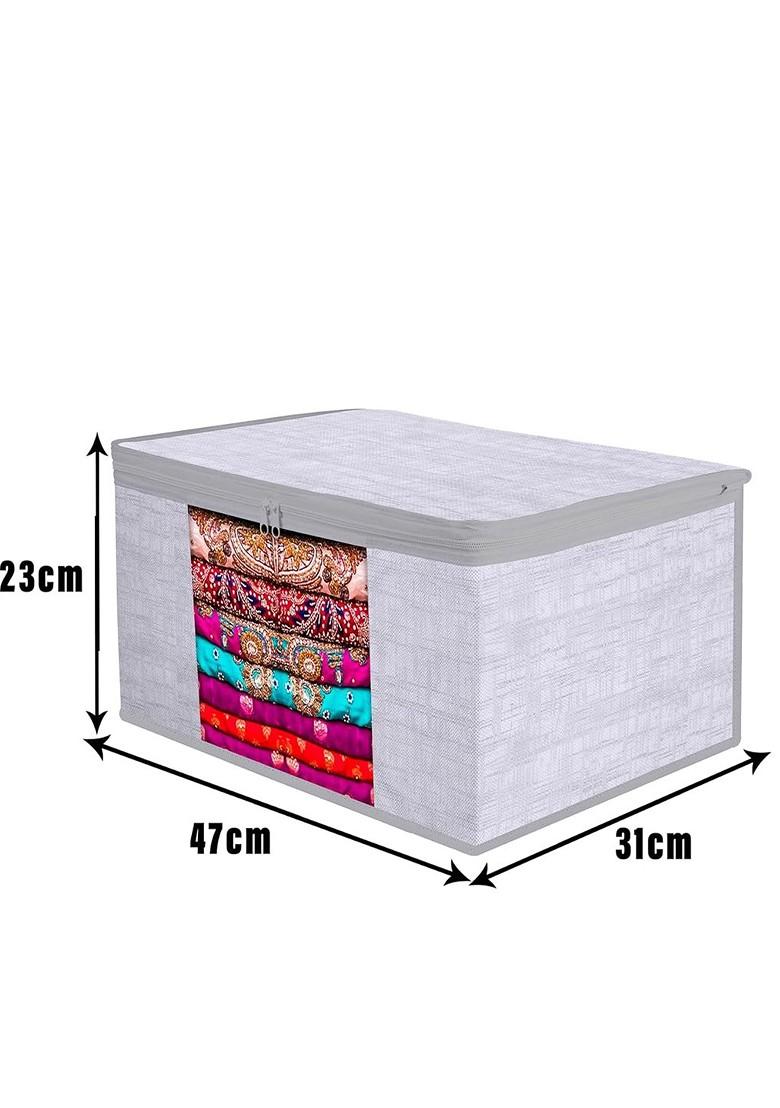 Grey 4 Pcs Printed Saree Cover And Underbed Storage Bag Set Jute Print